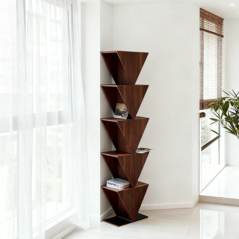 

New Chinese Black Walnut Solid Wood Triangular Bookshelf Living Room Floor Decorative Shelf Mortise and Tenon Process