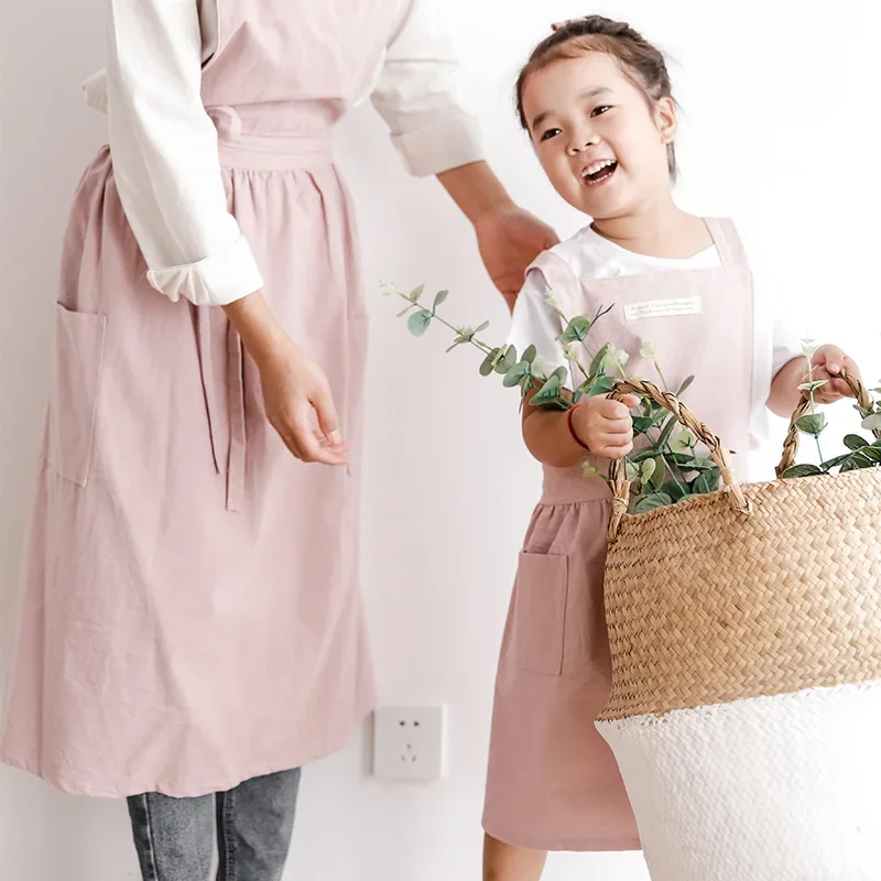 New Fashion Solid Color Cotton and Linen Kids Apron Parent-child Fashion and Comfortable Kids Anti-fouling Apron KitchenSupplies