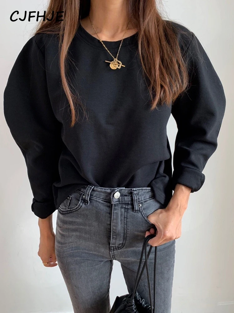 CJFHJE Casual Black Women Sweatshirts Solid Color Autumn Loose Sweatshirt Female Winter Long Sleeve Pink Simple Sweatshirts Lady