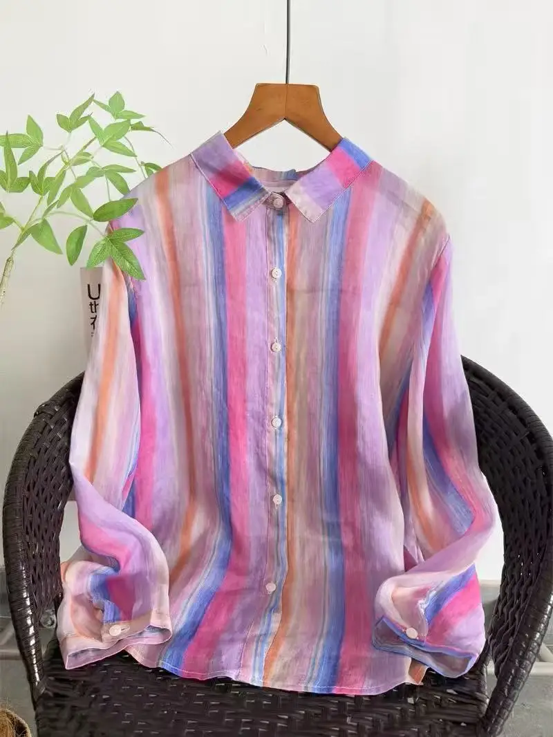 

Летняя женская одежда 2026: рубашки и блузки из 100% рами, весенние льняные топы с радужными полосками и длинными рукавами