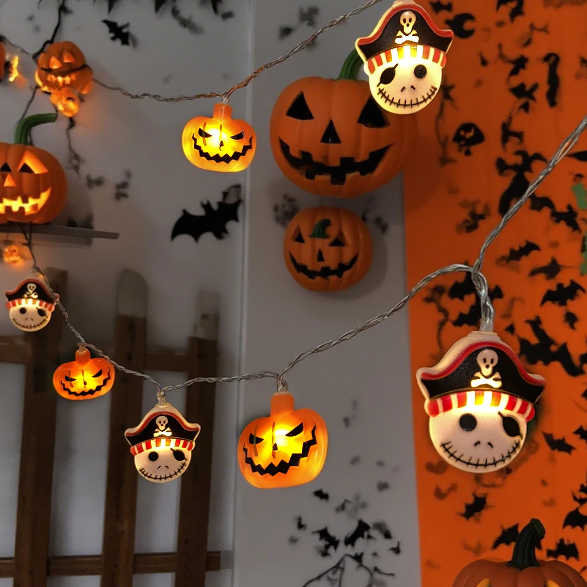 

1PC 20/30 LED Halloween Pirate & Pumpkin String Lights Battery Powered For Home Bedroom Living Room Porch Holiday Decoration