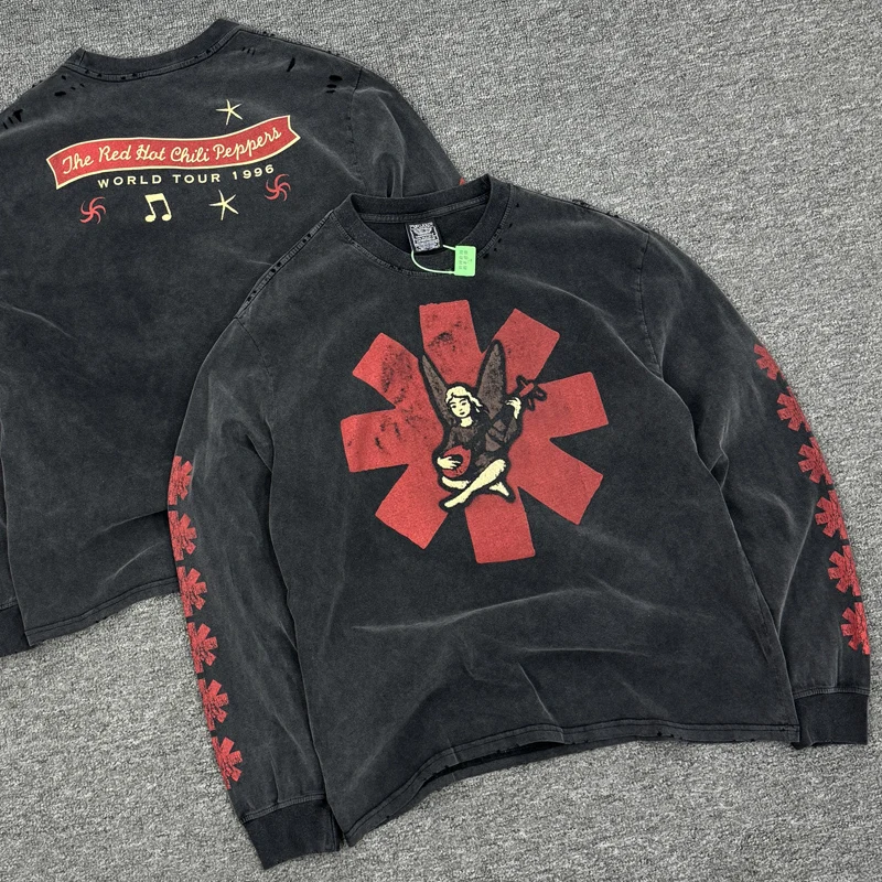 

High Quality Wash Black Long Sleeve Top Tee Men Women Street Fashion Rock Band RHCP T-shirts