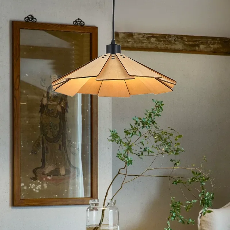 Japanese Retro Creative Chandelier for Restaurant Hanging Lights Dining Table Bar Tea Room Sandy Wood Art Personalized Aisle