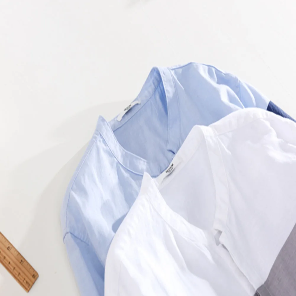 قميص رجالي من الكتان القطني ، بطية صدر الربط ، توبات فضفاضة كاجوال بأكمام ثلاثة أرباع ، الصيف