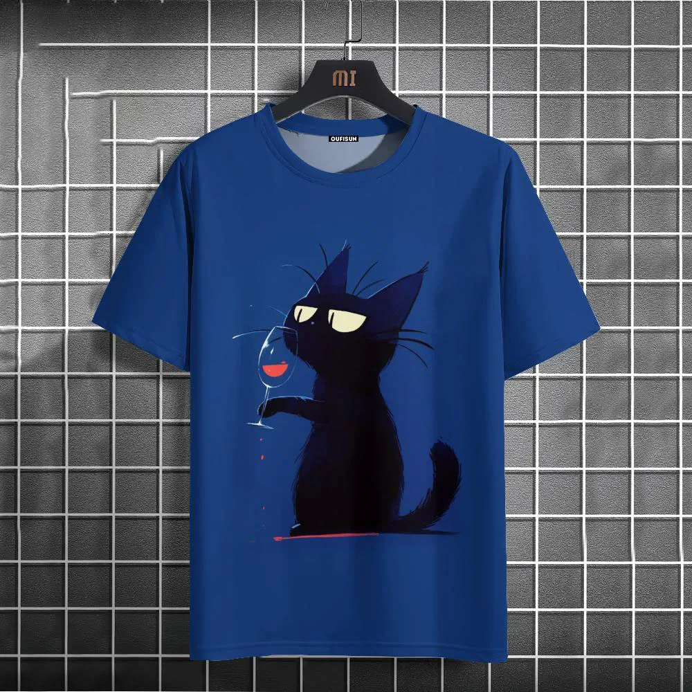 Casual T-Shirt For Men Funny Animal Black Cat Short Sleeve Tee Summer Oversized Streetwear Hip Hop Sweatshirt Men\'s Clothing Top