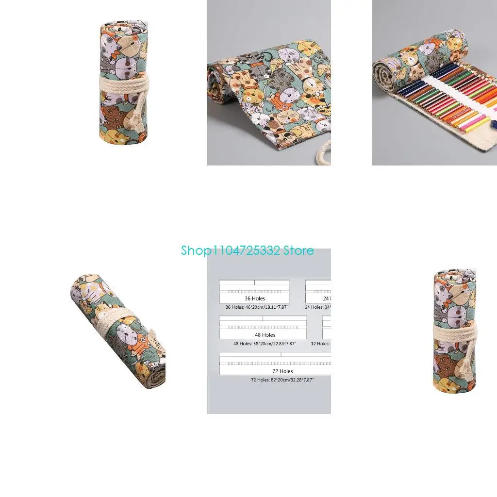 

P5EA Cartoon for Cat 12/24/36/48/72 Holes Canvas Roll Pen Curtain Pencil Bag for Case Makeup Wrap Holder Storage Pouch