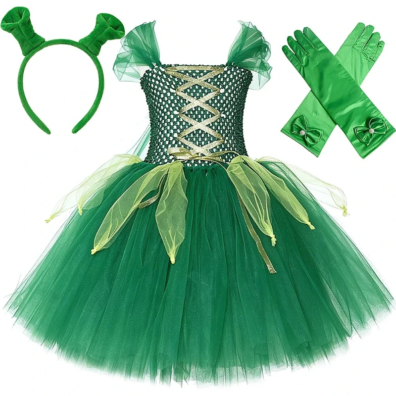 

Forest Ogre Princess Green Tiered Tutu Gown Matching Monster Ear Bow Accessory Set for Halloween Carnival Themed Cosplay Outfit