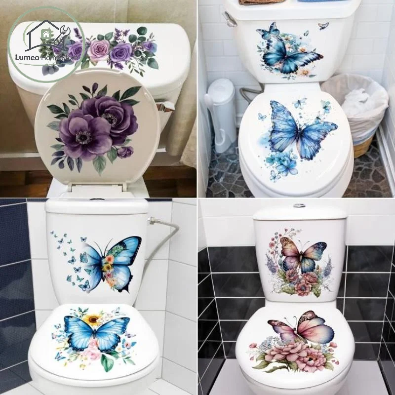 Vibrant Floral Toilet Lid Decals Waterproof Self-Adhesive Bathroom Decor Stickers Set for Home Hotel Restroom Upgrade