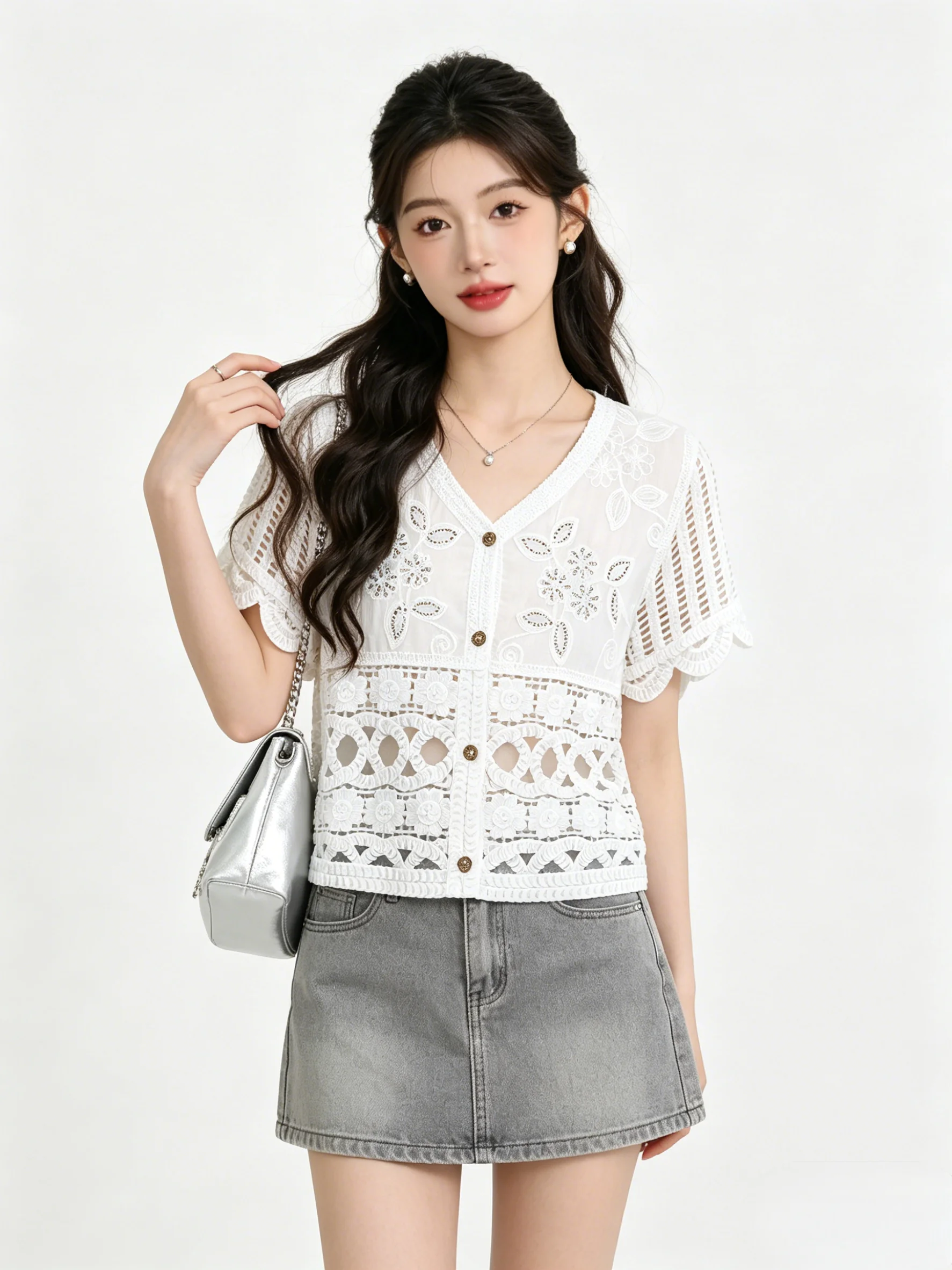 

Shiny Sequin Lace Hollow out V-Neck Short Sleeve Open Cardigan Korean Style Loose Fit Summer Top for Young Women