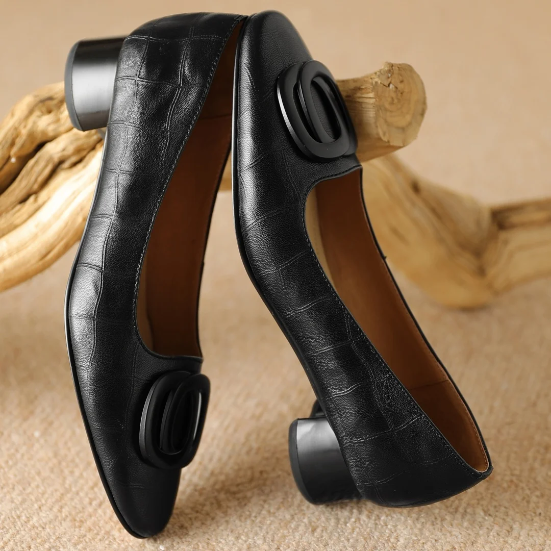 Women's sheepskin round toe metal buckle slip-on pumps 3cm thick low heel elegant ladies Ol style daily slim dress heels shoes view 2