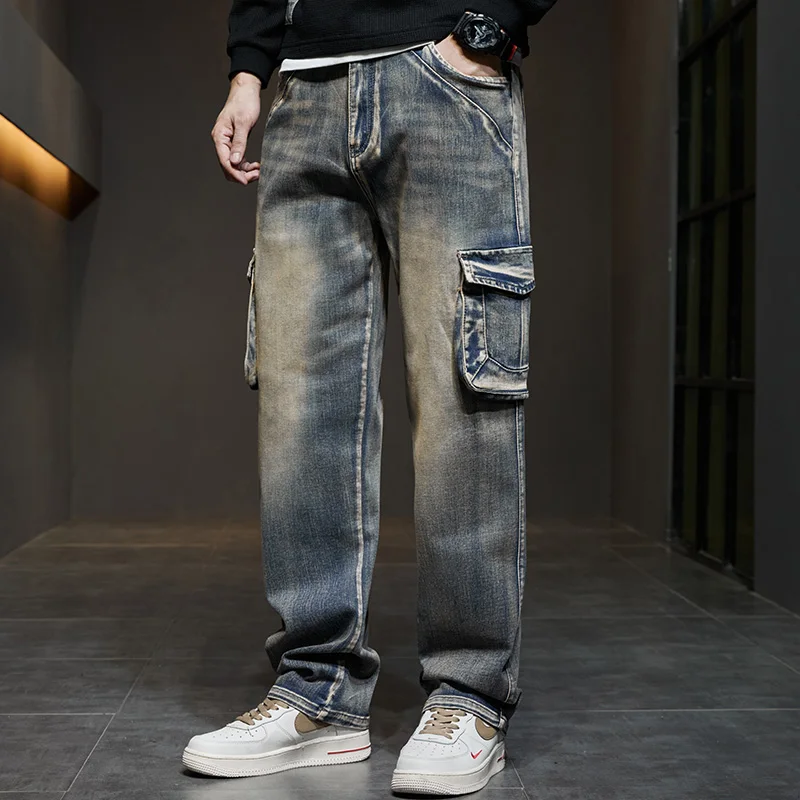 

Retro Faded Spring Autumn Loose Men's Denim Jeans Multiple kets Straight Leg Large Size Workwear Long Trousers YANDONG