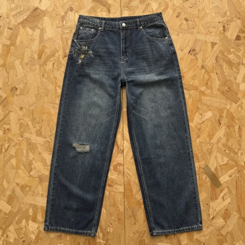 Derschutze جينز الخريف حديقة عدن الرجعية المتعثرة المطرزة الدنيم ملابس رجالية النساء السراويل الطويلة #1