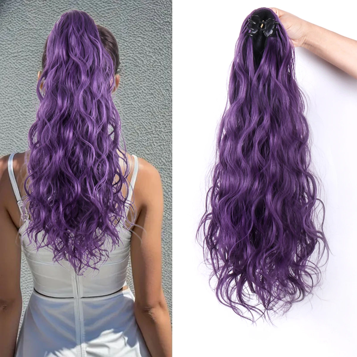 1 Pieces High Temperature Hair Synthetic Hairpieces Long Wave Clip in Ponytail Hairpiece Purple 21 Inch Top Quality Full Machine