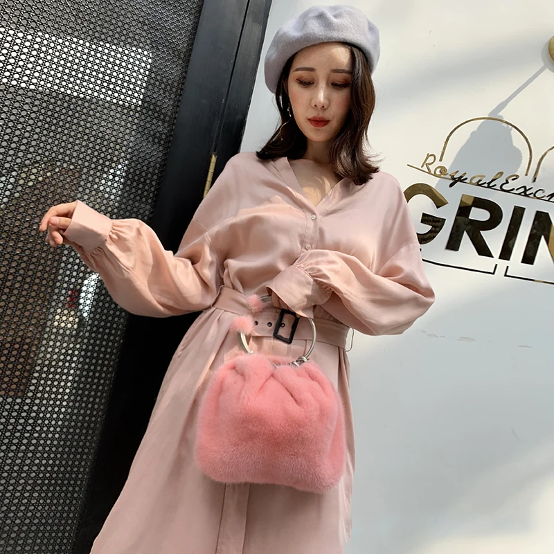 Round ring mink fur pink handbag fashion imported mink fur women's bag cross shoulder small round bag