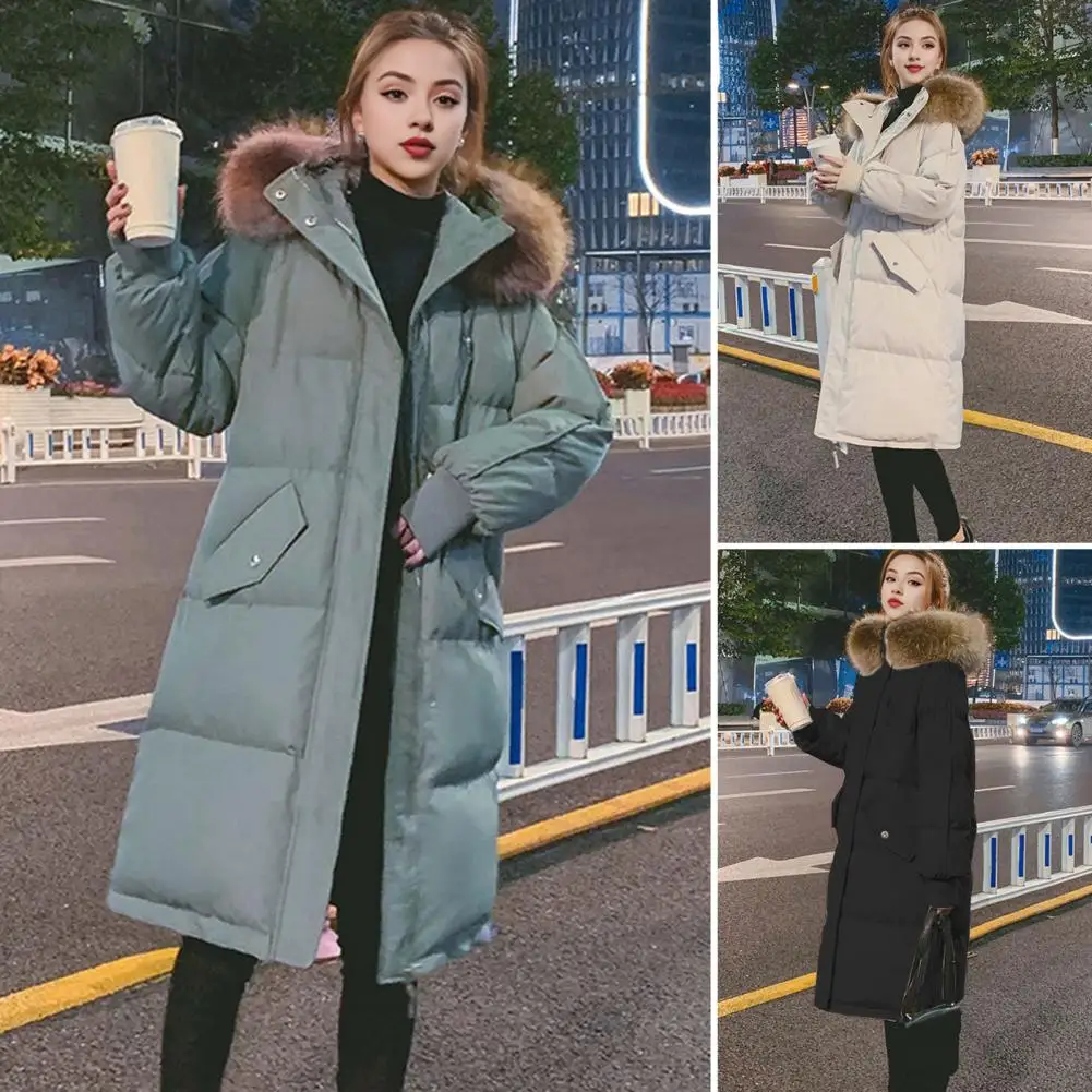 Winter Women Parkas With Furry Hood Solid Color Long Sleeves Pockets Cotton Jacket Heat Retention Knee Length Zip-up Padded Coat