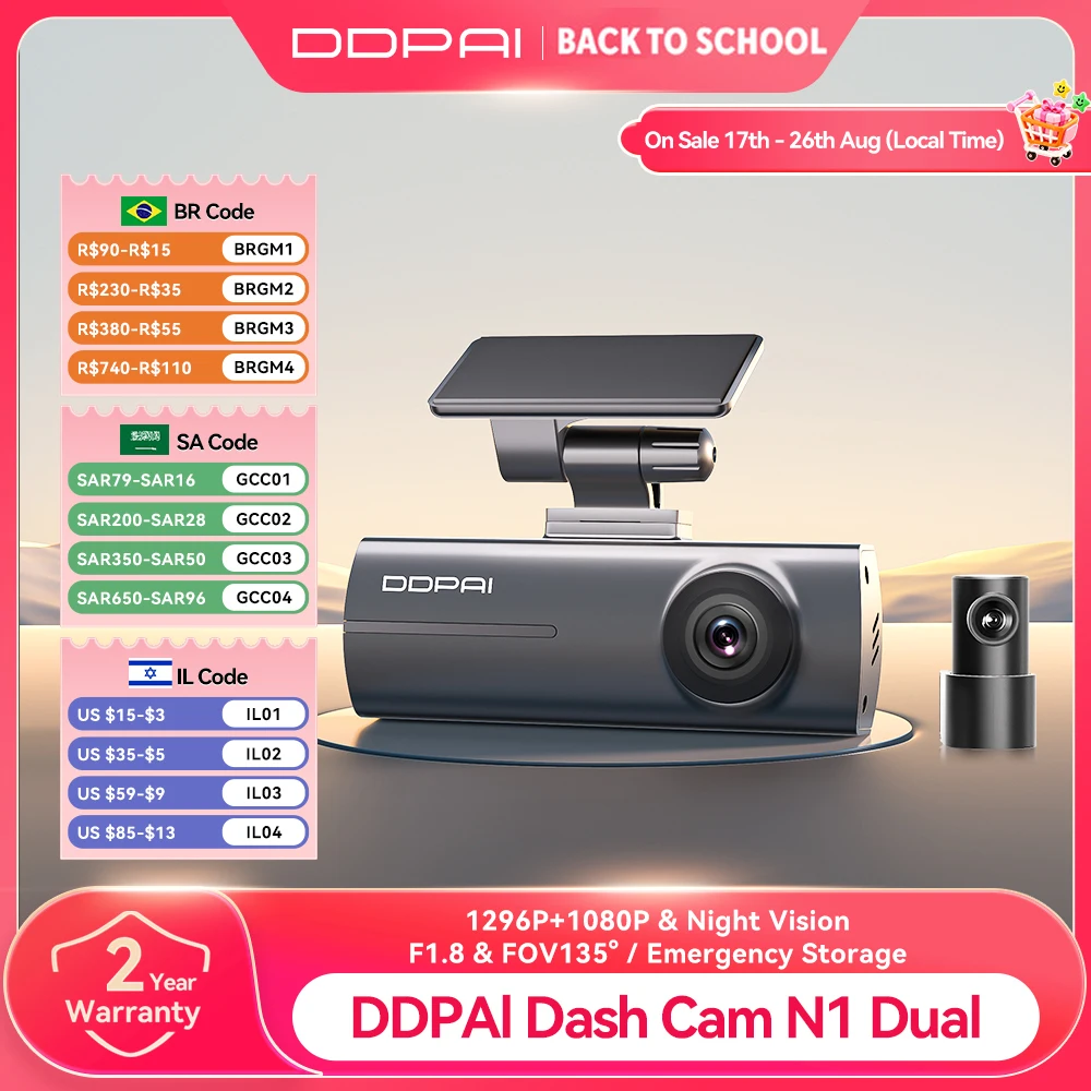 DDPAI Dash Cam  N1 Dual Front & Rear Recording NightVIS 1296P Dash Cam Record...
