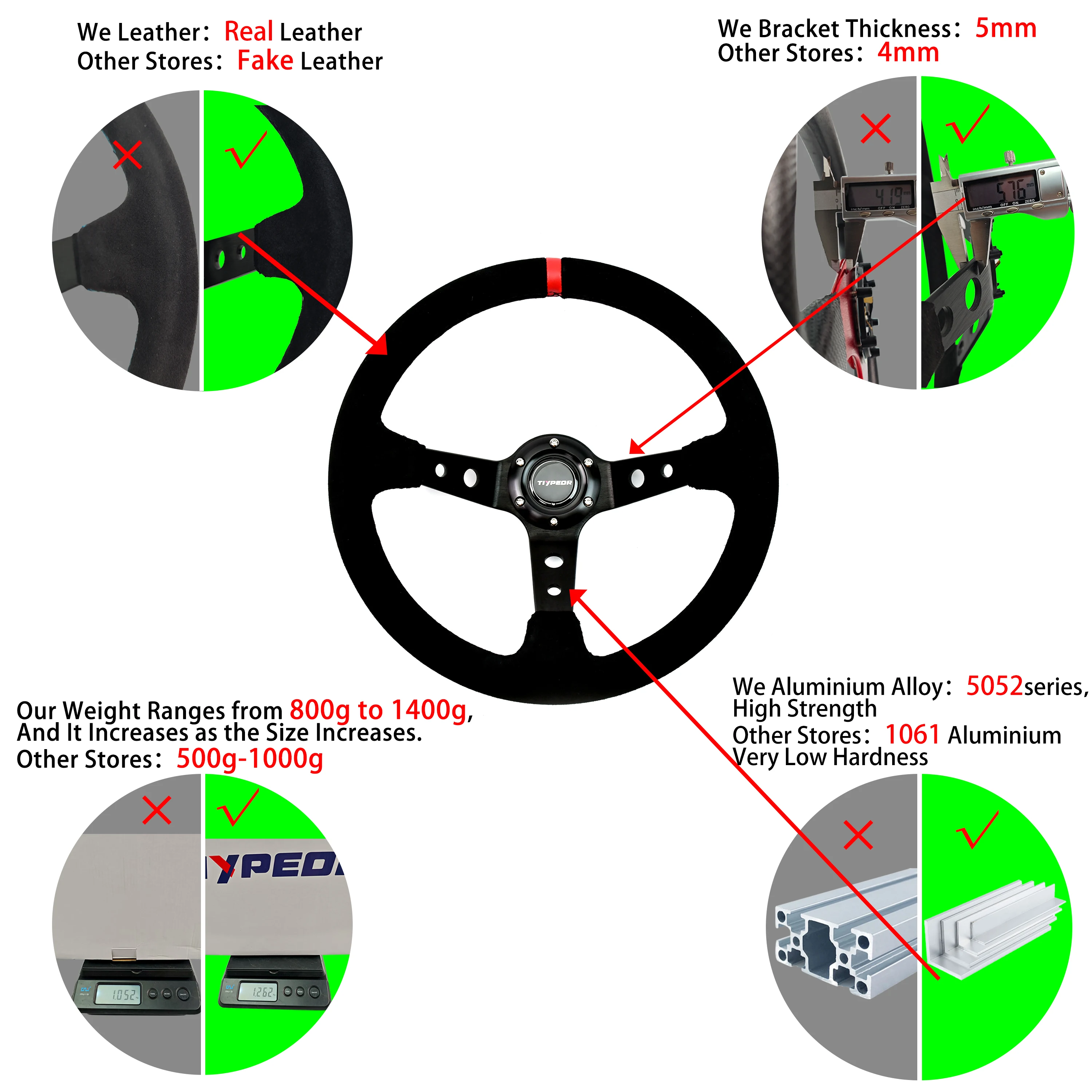 TIYPEOR SINCE 2003 Classic Style 14-inch 350mm Suede Leather Drifting Deep Dish Steering Wheel