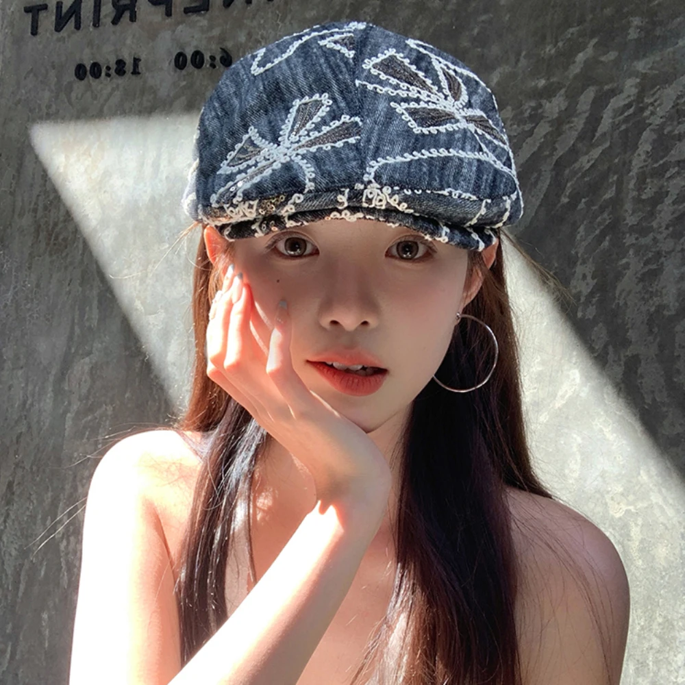 HT4833 Herren Berets Frauen Vintage Künstler Maler Baskenmütze Hut Männlich Weiblich Pailletten Ivy Flache Kappe Frühling Sommer Herbst Denim Baskenmütze Kappe – Detail 3