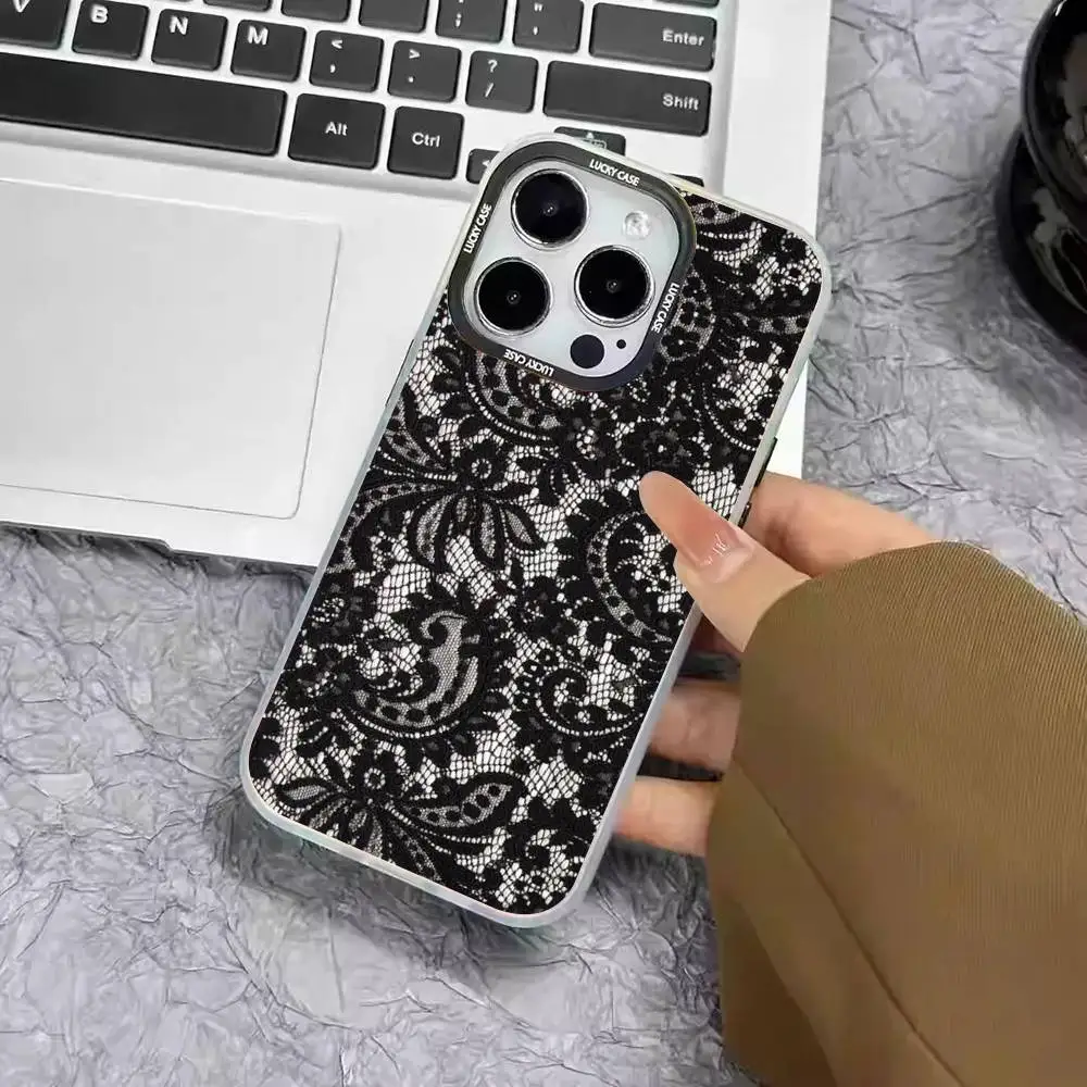 

1 шт. чехол для телефона с кружевным узором Laser IMD Цвет Серебристый корпус для iPhone 17 16 15 14 13 12 11 Air Pro Max Plus