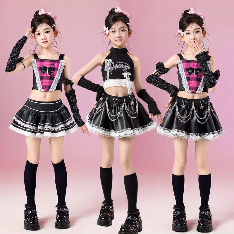 

New Jazz Dance Stage Costume Kids Model Runways Performance Wear Black Skirt Princess Trendy Suit Girls Kpop Dance Outfit 3730