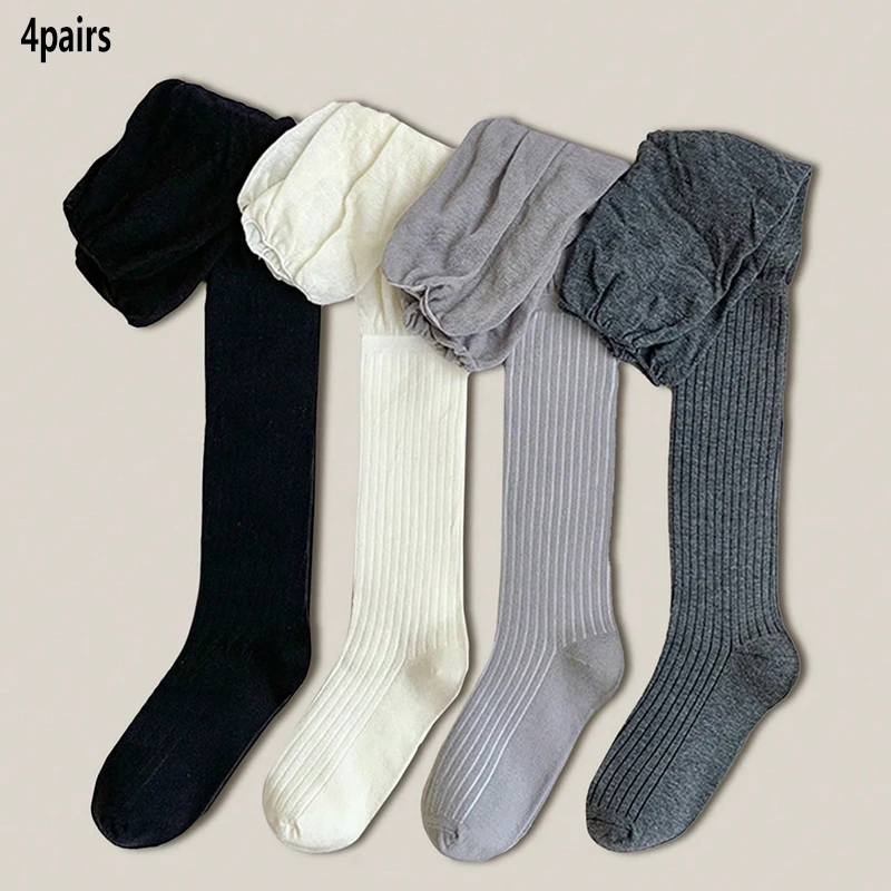 1/3/5 Pairs Random Women Classic Solid Color Vertical Rib Thigh High Socks, Soft Breathable Over Knee Socks