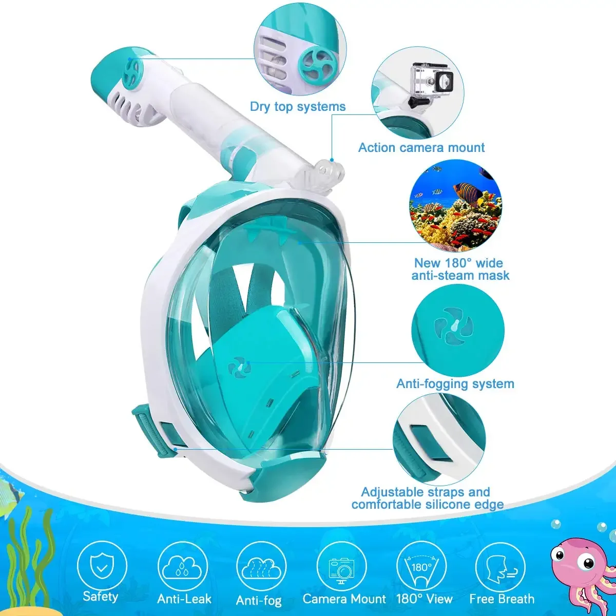 Latest full face diving mask full face goggles snorkel scuba camera snorkeling mask for kids children