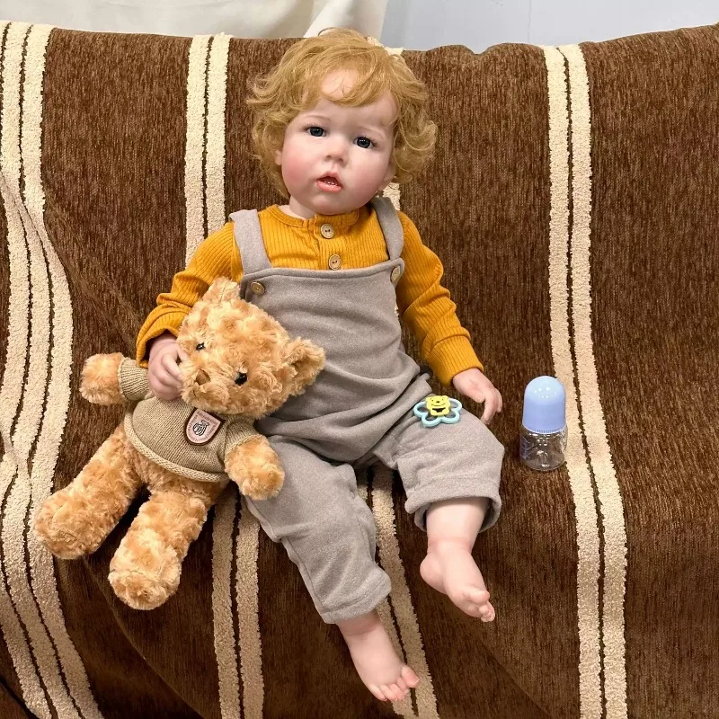 55cm 70cm 3D High Painted Reborn Baby Doll Blonde Curly Hair Cloth Body Soft Vinyl Newborn Doll Toy with Teddy Bear Gift