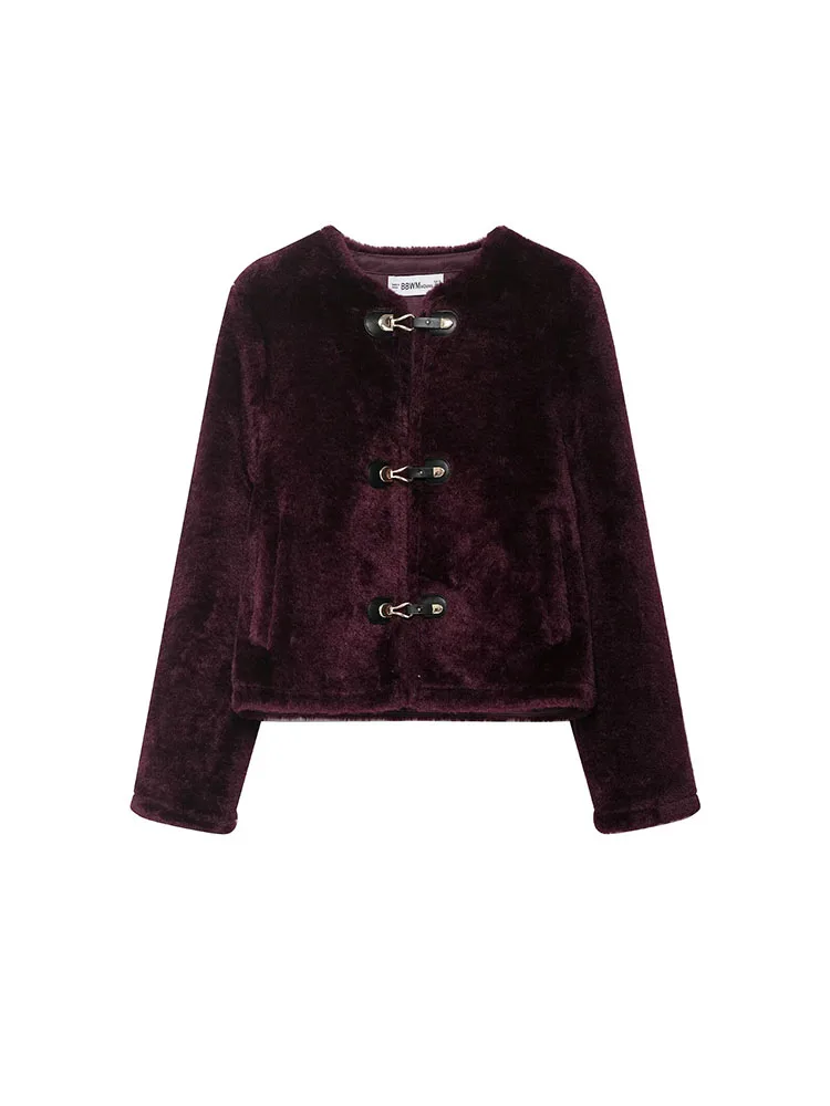 HH Women's Autumn And Winter New Double-Sided Jacket With Knot Buckle, Faux Fur Decoration, Slimming Short Style Jacket