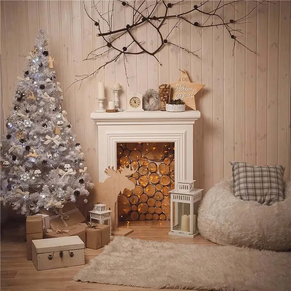 

Cymbozin Indoor Fireplace Photo Background Printed Christmas Tree Twig Star Presents Baby Kids Family Xmas Photography Backdrops