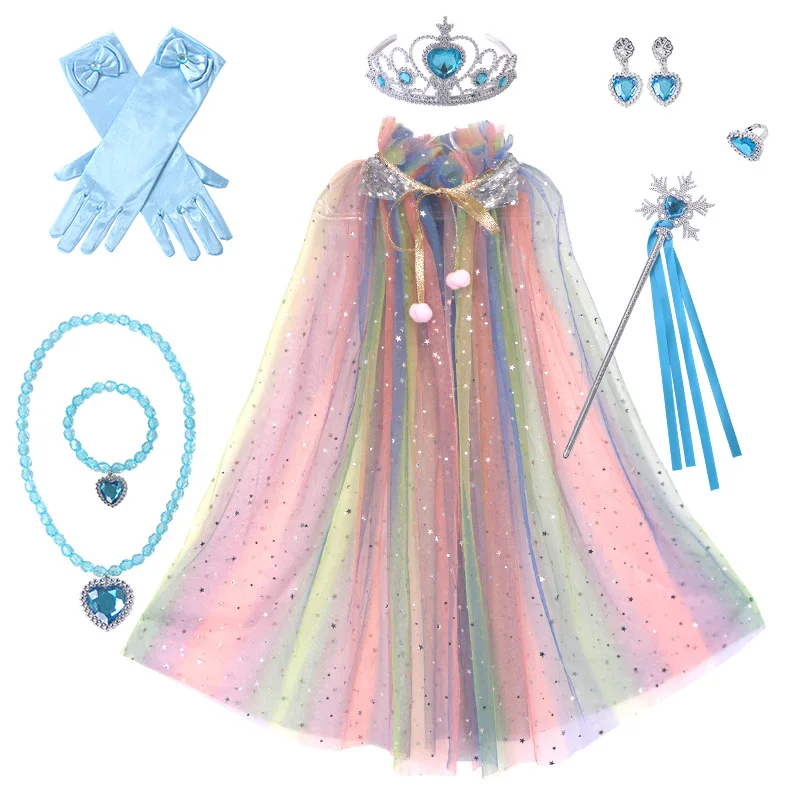 Ice Princess Cosplay Christmas Cloak with Magic Stick Crown Necklace earing Halloween Girl  Carnival Party