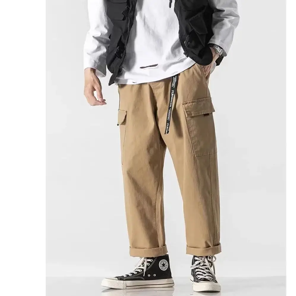 Black Letters Waist Band Side Pockets Cargo Pants Men Straight Style Men's Pants 3 Colors