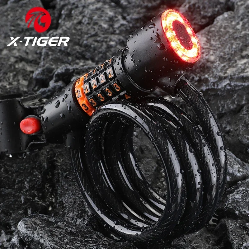 X-TIGER Bicycle Lock With Tail Light Anti-theft Lock Multifunctional Cable Lock Bicycle Combination Lock MTB Bicycle Accessories