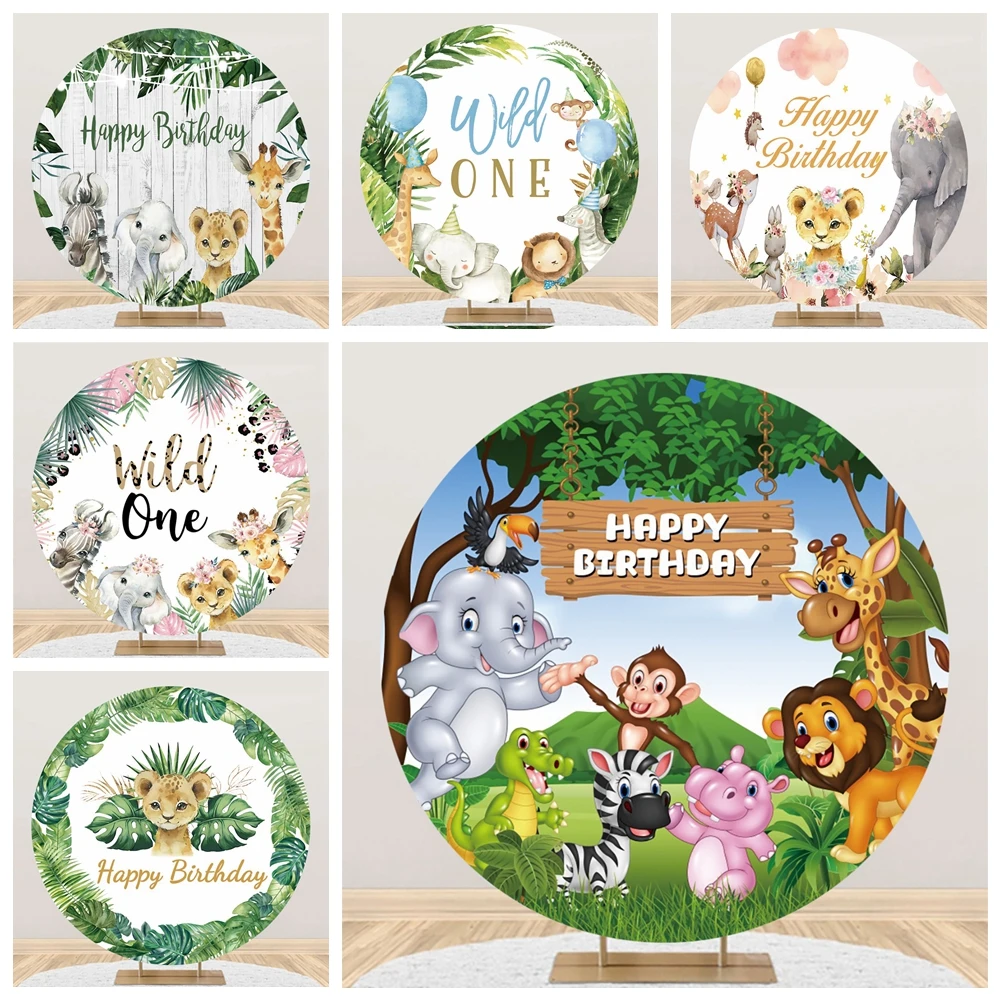 

Wild One Jungle Safar Animal Round Backdrop Cover Green Leaves Newborn Baby Shower Birthday Party Circle Photography Background