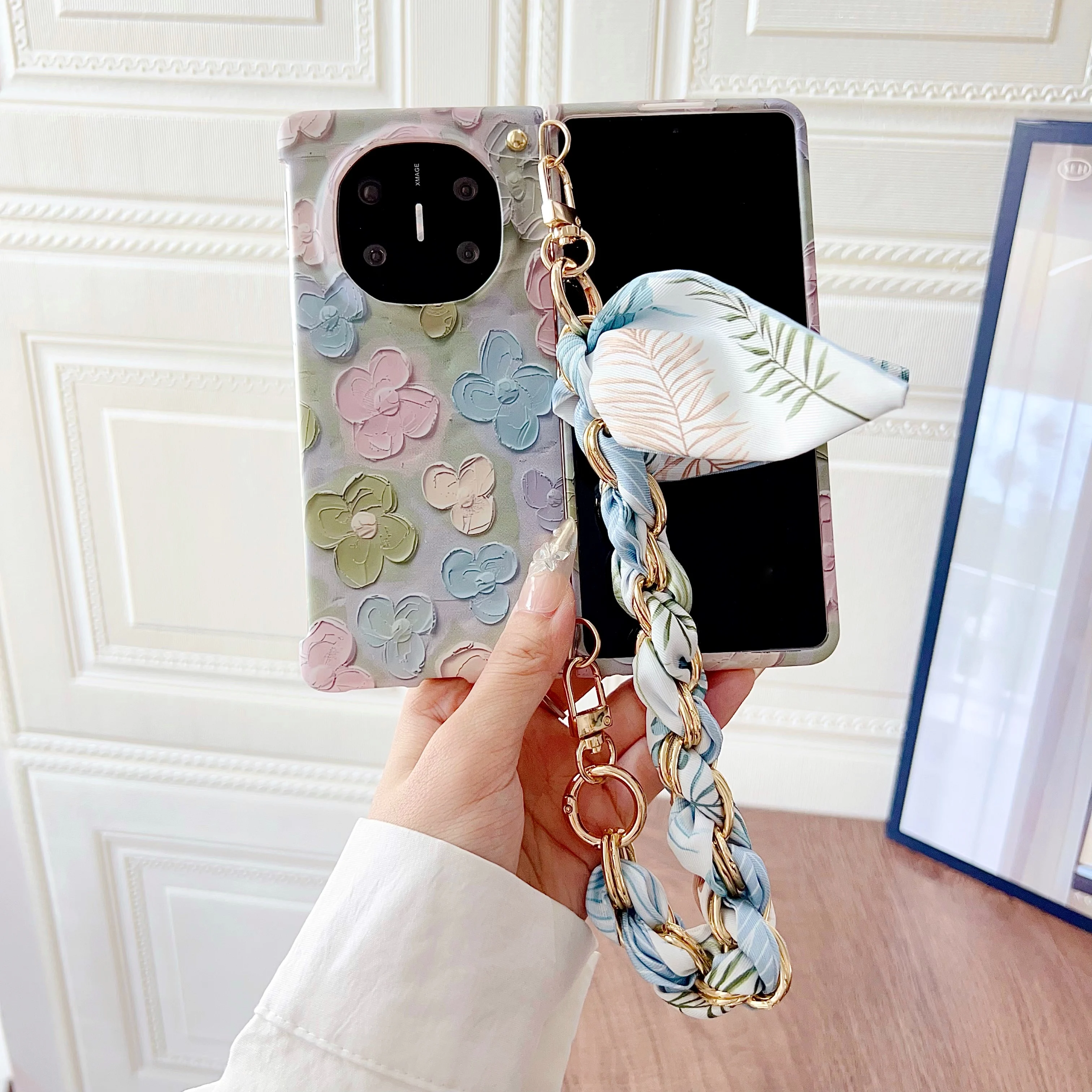 Case For Huawei Mate X6 X5 X3 Fresh flowers Painted Embossed feel Wrist Strap Shockproof Hard PC Cover Capa Shell view 4