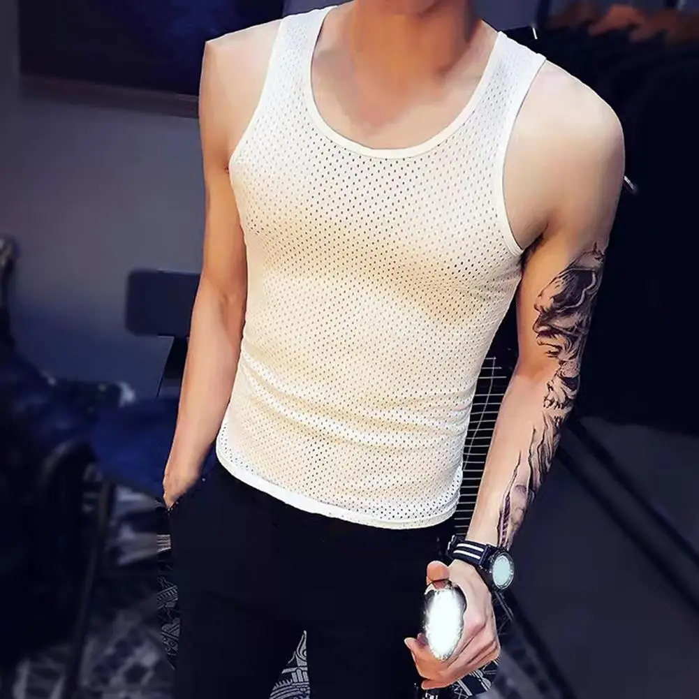 Men Tank Top Solid Color O Neck Hollow Out Breathable Summer Top Male Clothes