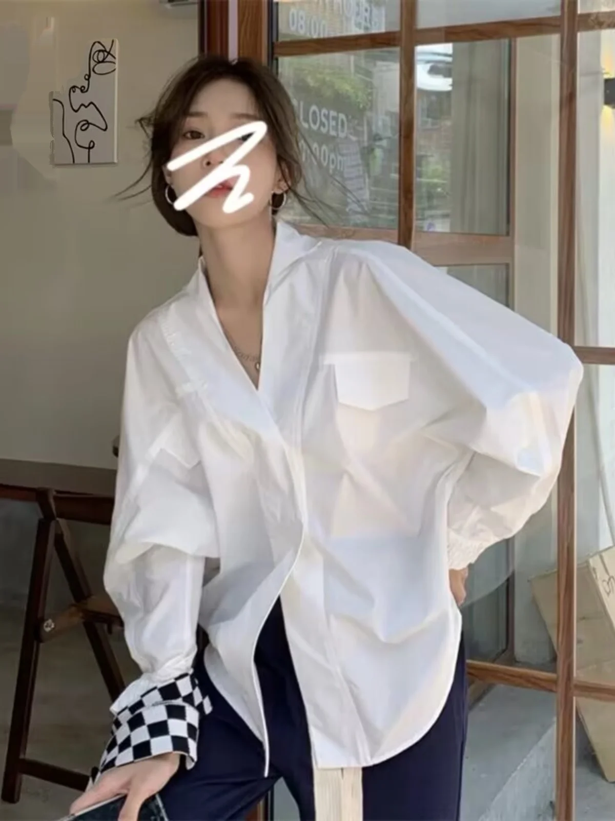 White Long Sleeve Women's Shirt V-Neck Loose Casual Spring New Style Design Sense Batwing Sleeve Pure Color Crew Neck Top