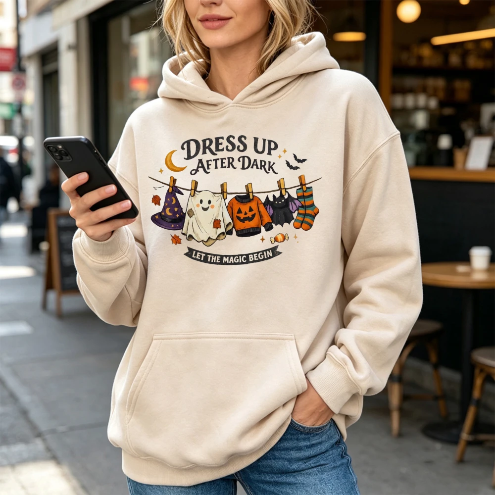 Halloween Hoodie Dress Up After Dark Ghost Witch Pumpkin Sweatshirt Women Fall Magic Pullover Cute Spooky Season Top Clothes