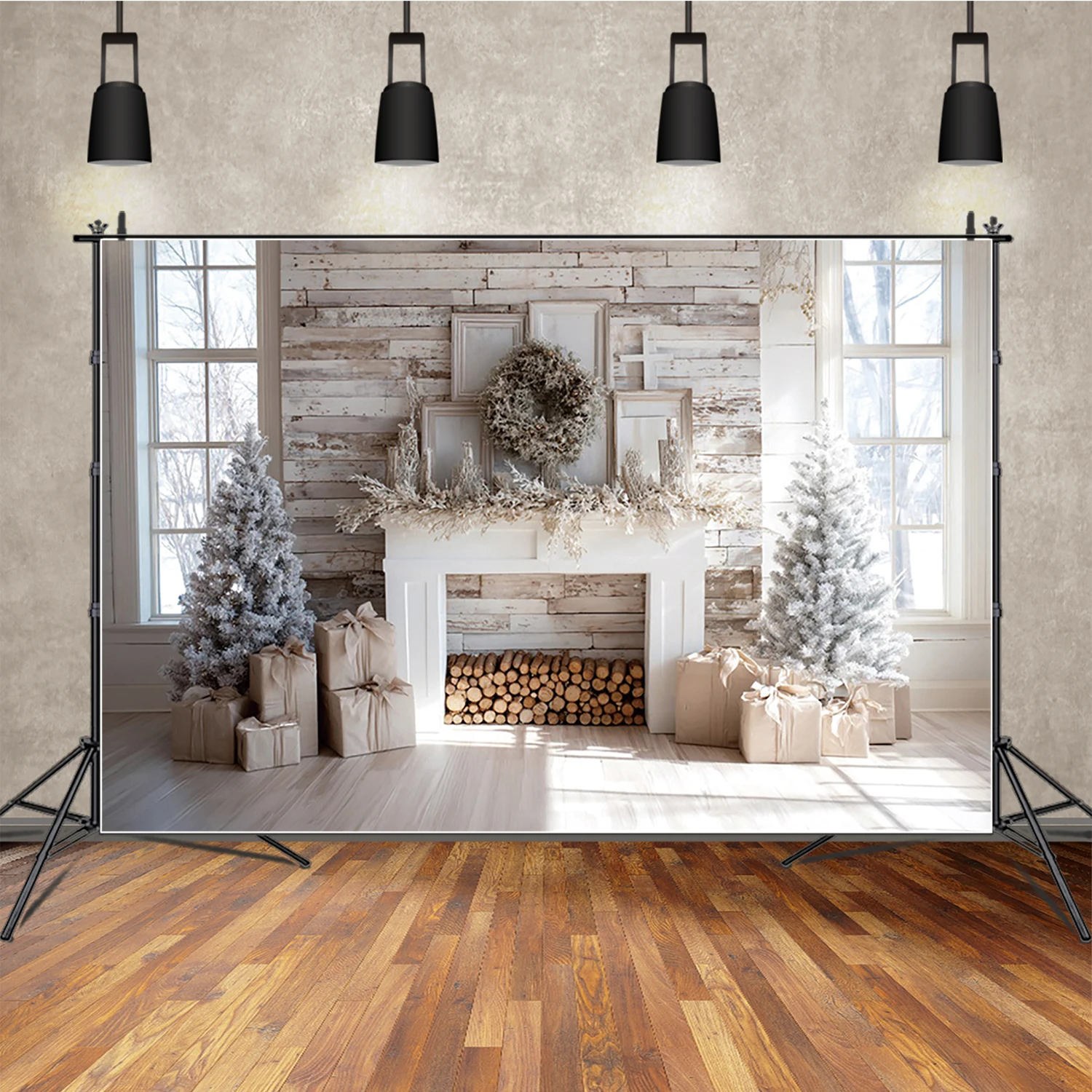 

MOON.QG Christmas Fireplace Wood Garland Window Xmas Trees Background Backdrop Kids Photography Props Portrait Studio Photozone