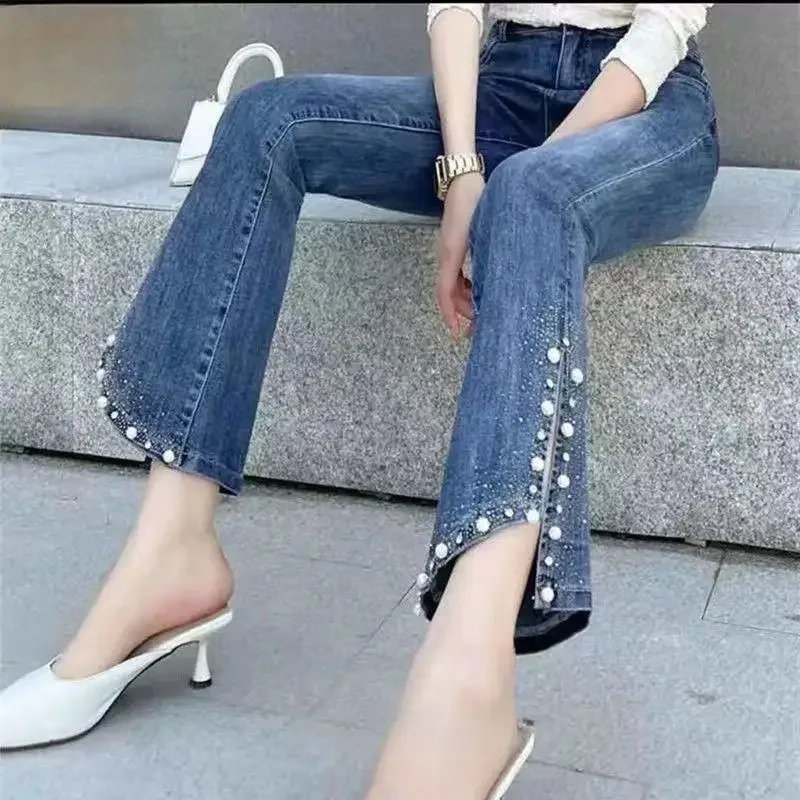 

Hot Stamping Split Jeans for Women's Spring and Autumn New High Waisted Elastic Slimming Flared Pants Mom Jeans Y2k Jeans