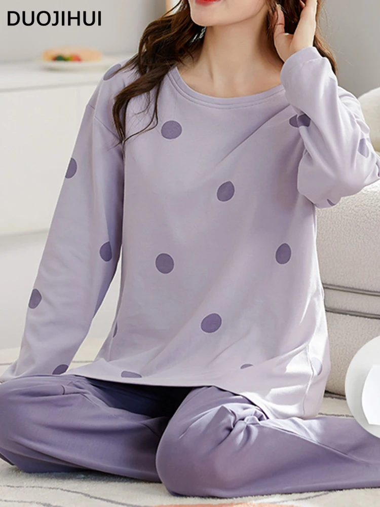 DUOJIHUI-Conjunto de pijama retrô com almofadas no peito para mulheres, pulôver versátil para senhora, roupa casual para casa, moda coreana, novo, 2 peças