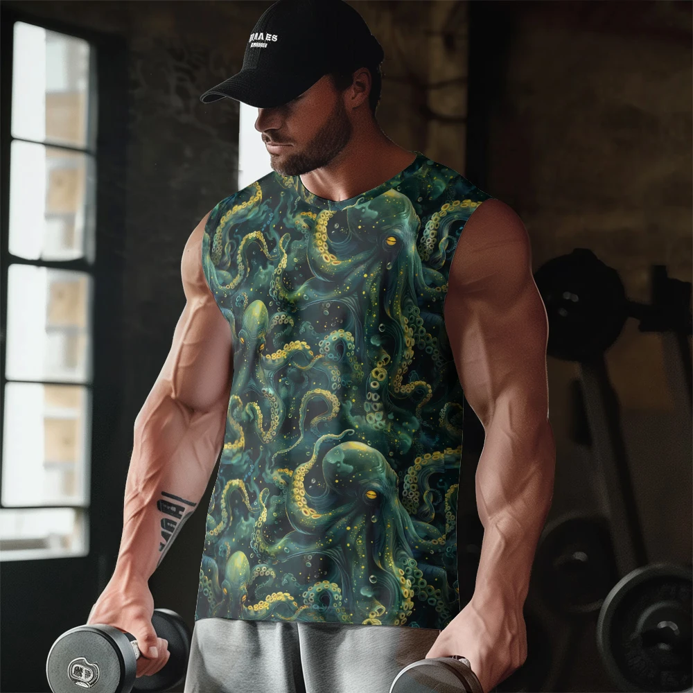 Deep-sea Dark Green Octopus Print Gym Casual Tank Top Sleeveless Thin Train Vest Youth Men's Sports Fitness Vest