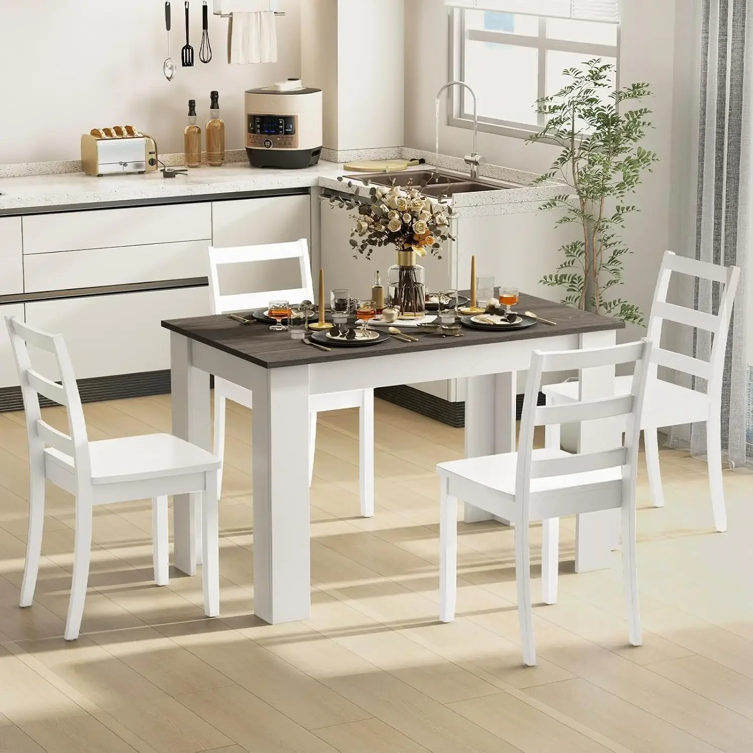 5-Piece Wooden Dining Set, Modern Rectangular Dining Table & 4 High-Back Chairs, Dinette Set w/Rubber Wood Legs, Kitchen Furnitu