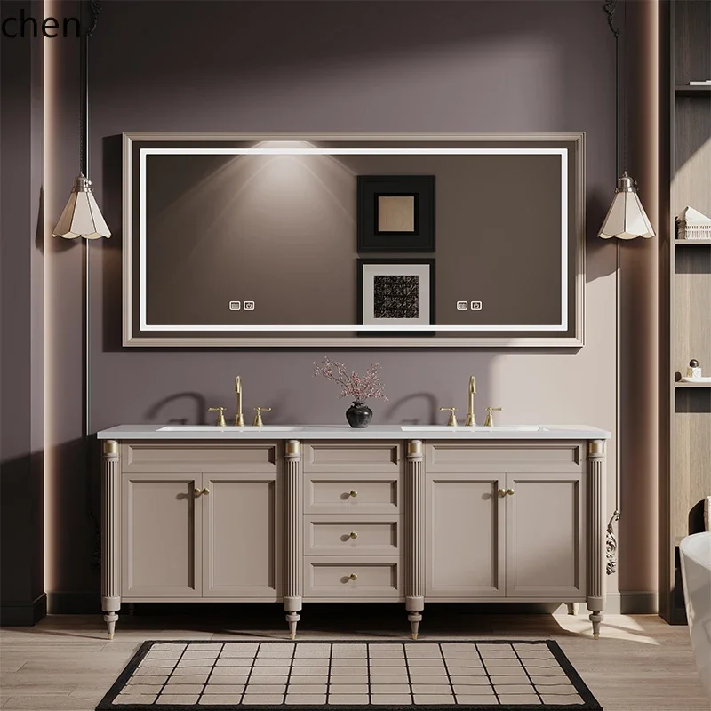 HT Oak  Bathroom Cabinet Combination Bathroom Double Basin Slate Seamless Integrated Wash Desk