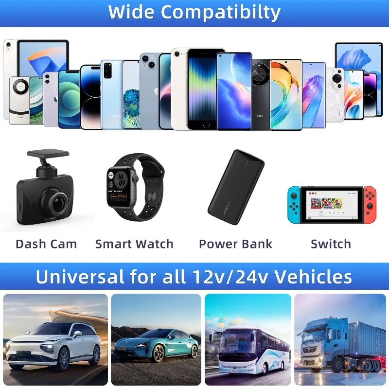 Mini Bus Charger Universal12V/24V,Multi-Function Car Charger for Commercial Vehicles Compact Design for SpaceSaving Installation