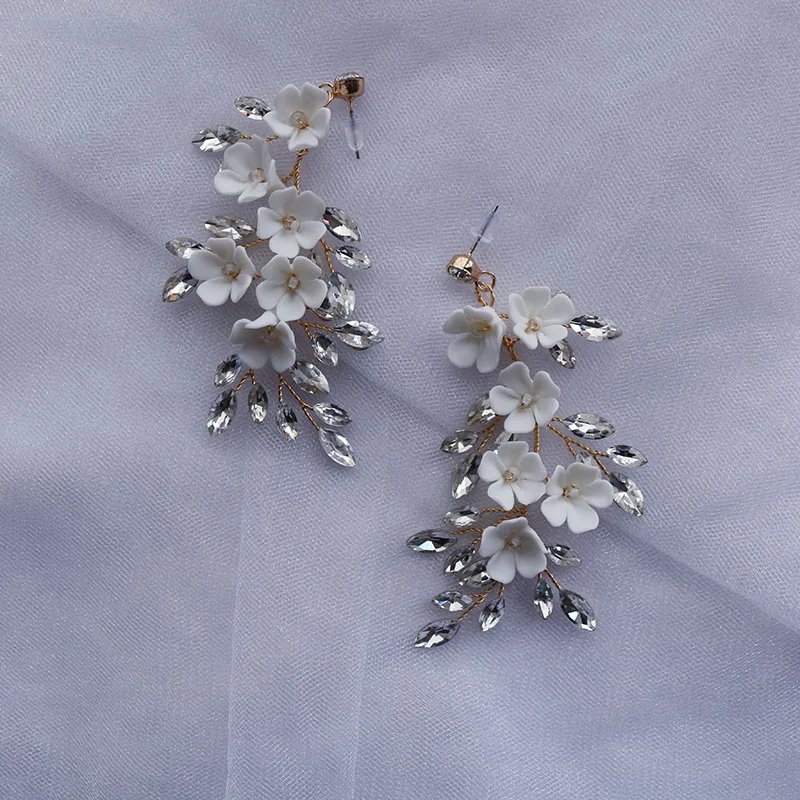 White Porcelain Flower Bridal Drop Earring Crystal Wedding Accessories Jewelry Handmade Gold Color Women Earrings