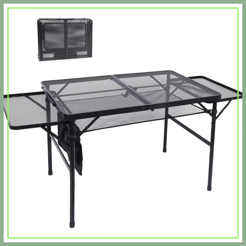 

Folding Camping Grill Table, Adjustable Height & Width, Outdoor Portable with Mesh Shelf & Carry Handle