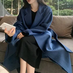 Wool Coats for Women Autumn High-End Water Ripple Big Pocket Green/Blue/Gray Loose Double-Sided Cashmere Robe Trench Coat Female