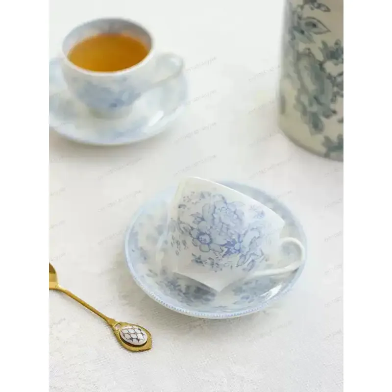 Retro blue peony afternoon tea cup and saucer ceramic set, pastoral coffee milk cup and saucer simple ornament