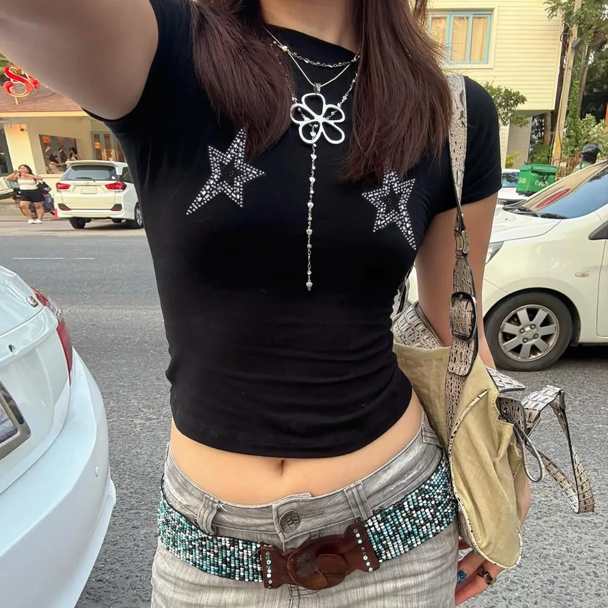 Diamantes estrelas verão camisetas moda feminina o-pescoço manga curta magro casual streetwear colheita topos todos os jogos camisetas clubwear