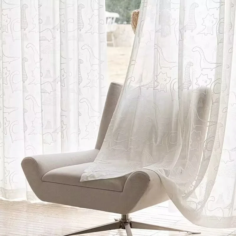 

1PC Nordic Cartoon White Dinosaur Flocking Sheer Curtain for Living Room Voile Window Drape Bedroom Balcony Home Decoration#E